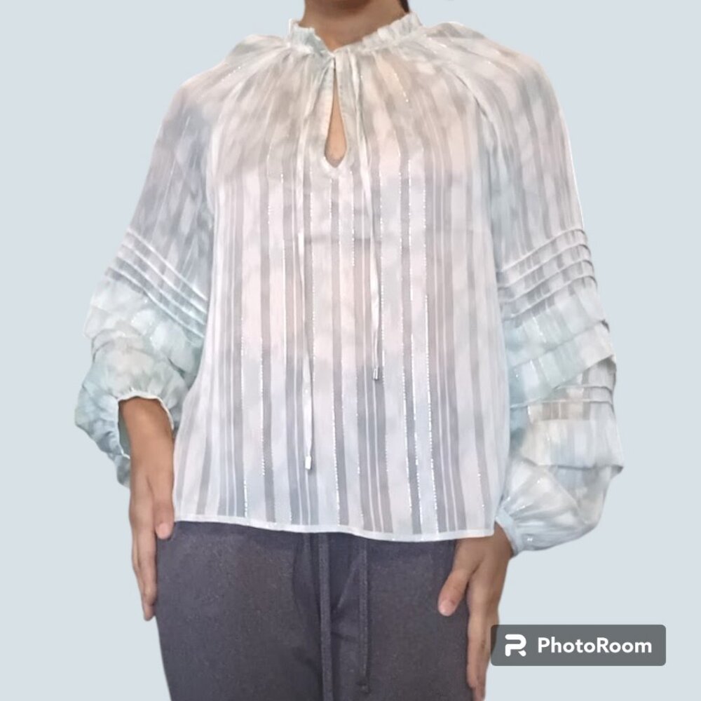 BCBGMaxAzria Seafoam Blue-Green White Ruffled Sleeve Tie-Collar Blouse Womens XS